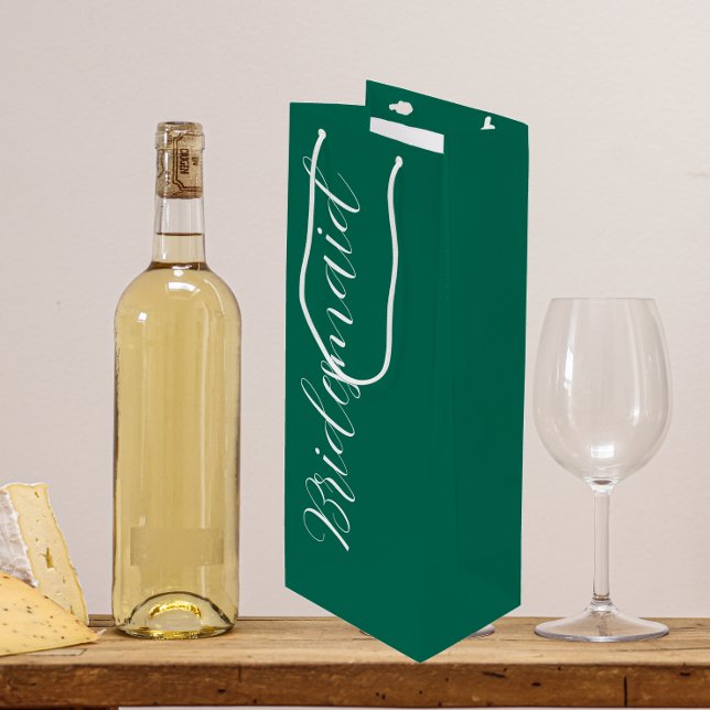 Emerald Green Stylized Script Wedding Bridesmaid Wine Gift Bag (In Situ)