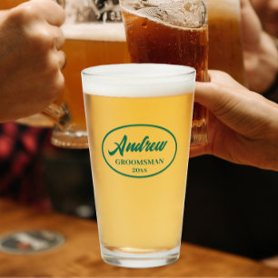 Emerald Green Stylized Wedding Groomsman Name Glass