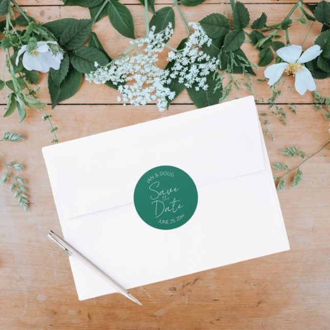 Emerald Green Stylized Wedding Save the Date Classic Round Sticker (In Situ Wedding)