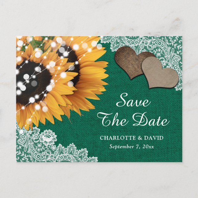 Emerald Green Sunflower Wedding Save The Date Announcement Postcard (Front)
