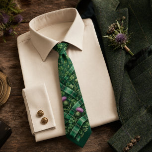Emerald Green Tartan Plaid Irish Thistle  Tie