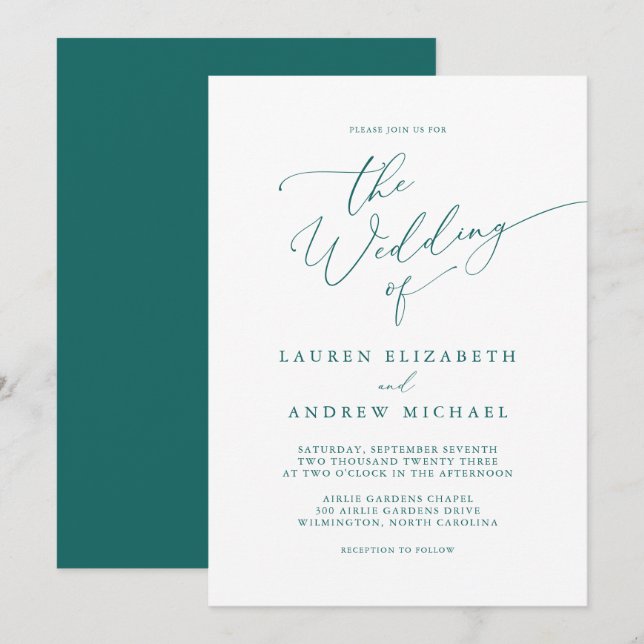Emerald Green Teal Minimalist Wedding Invitation (Front/Back)
