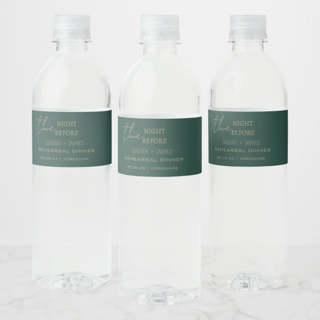 Emerald Green the Night Before Rehearsal Dinner  Water Bottle Label (Bottles)