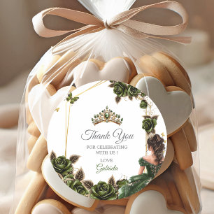 Emerald Green Tiara Roses Quinceañera Thank You Classic Round Sticker