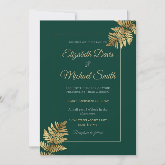Emerald Green Tropical Gold Leaf Invitation (Front)