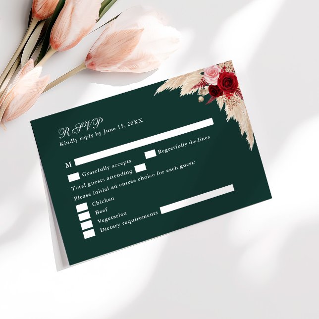 Emerald Green Tropical Roses Wedding RSVP Card (Emerald Green Tropical Roses Wedding RSVP Card on a sunny table with pale pink flowers.)