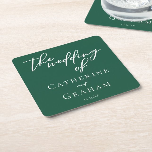 Emerald Green Typography Custom Forest Wedding Square Paper Coaster (Angled)