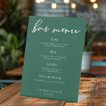 Emerald Green Typography Forest Wedding Bar Menu Pedestal Sign<br><div class="desc">This solid emerald green wedding reception bar menu pedestal sign features classic white script for a couple getting married in a forest or other nature venue. Celebrate your love with this tranquil colour and coordinate with our matching minimalist typography collection.</div>