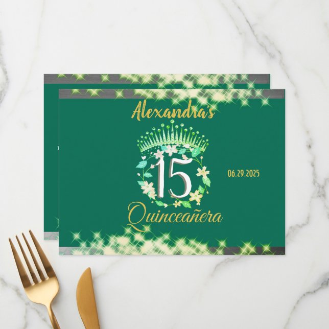 Emerald Green Vintage Boho Quinceañera Spanish Menu (Front/Back In Situ)