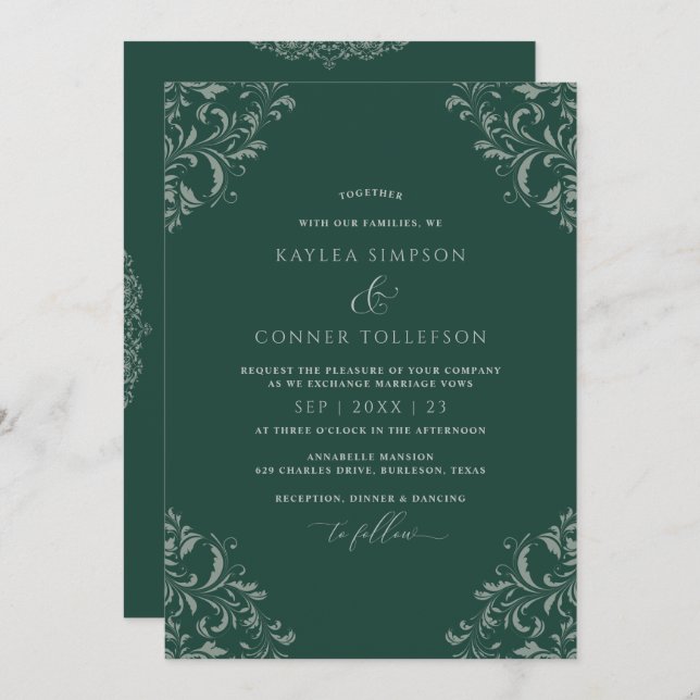Emerald Green Vintage Elegant Wedding Invitation (Front/Back)