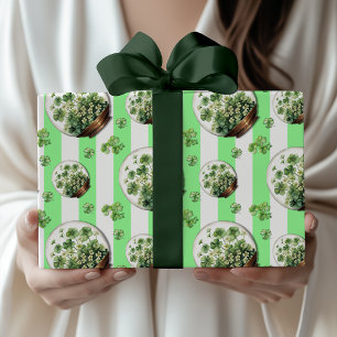 Emerald Green Vintage Striped Cute Clover Snowball Wrapping Paper