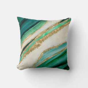 Emerald green watercolor and gold throw pillow