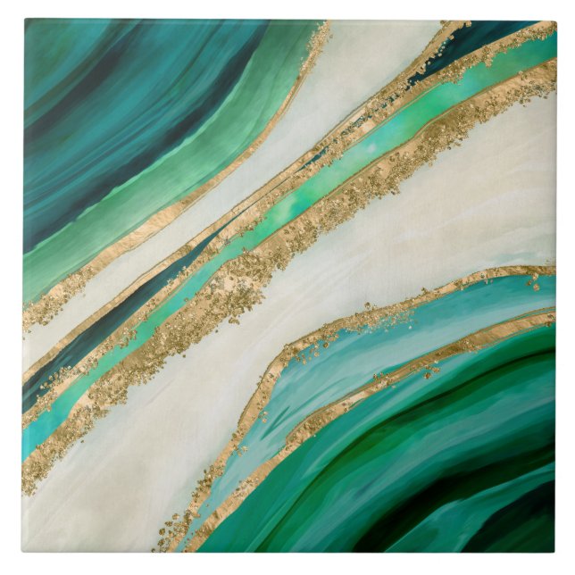 Emerald green watercolor and gold tile (Front)