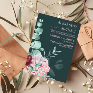Emerald Green Watercolor Burgundy Flowers Wedding  Invitation