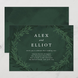 Emerald Green Watercolor Dramatic Laurels Wedding  Invitation