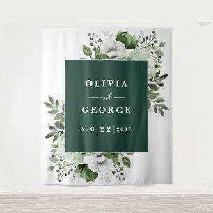 Emerald Green Watercolor Floral Photo Backdrop Tapestry