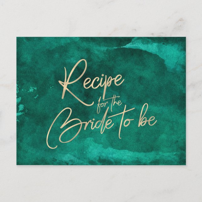 Emerald Green Watercolor & Gold Bridal Recipe Card (Front)