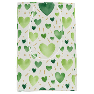 Emerald Green Watercolor & Gold Glitter Hearts Medium Gift Bag