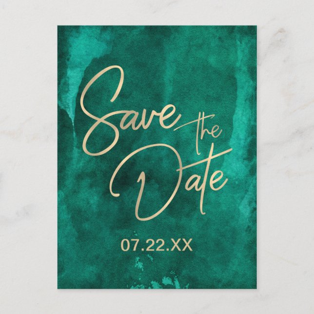 Emerald Green Watercolor & Gold Save the Date Announcement Postcard (Front)