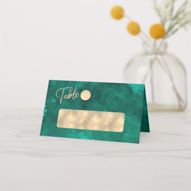 Emerald Green Watercolor & Gold Table Number Place Card (Front)
