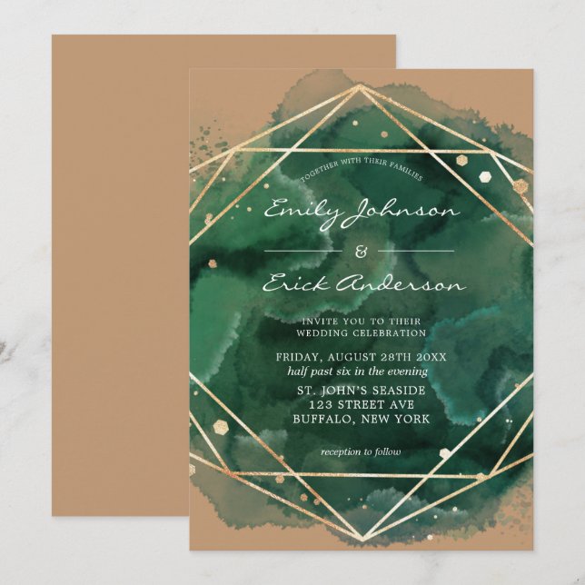 Emerald Green Watercolor Gold Tan Wedding Invitation (Front/Back)