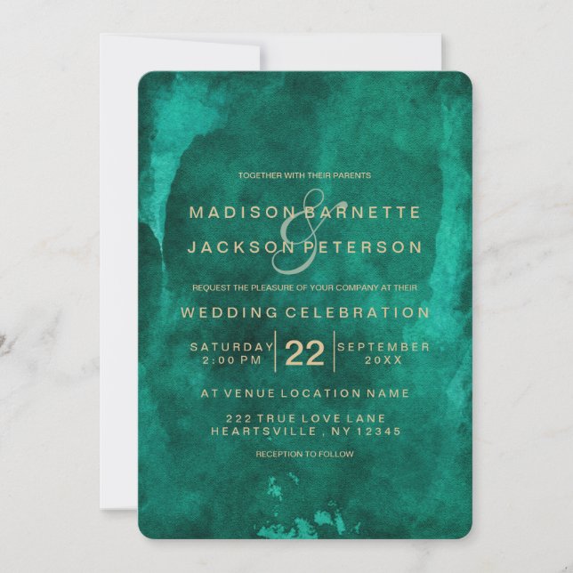 Emerald Green Watercolor Gold Wedding Invitations (Devant)