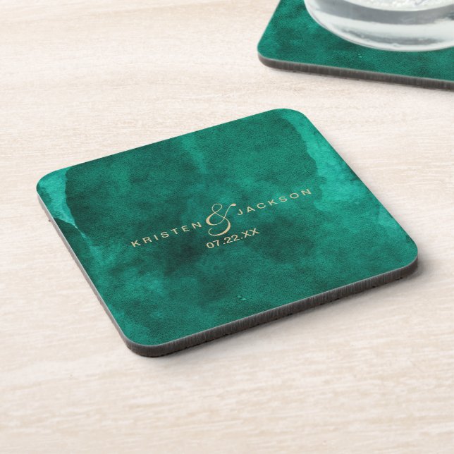 Emerald Green Watercolor & Gold Wedding Monogram Coaster (Left Side)