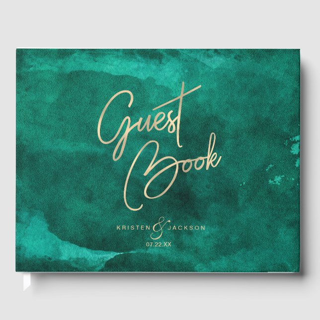 Emerald Green Watercolor & Gold Wedding Monogram Guest Book (Front)