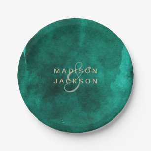 Emerald Green Watercolor & Gold Wedding Monogram Paper Plate