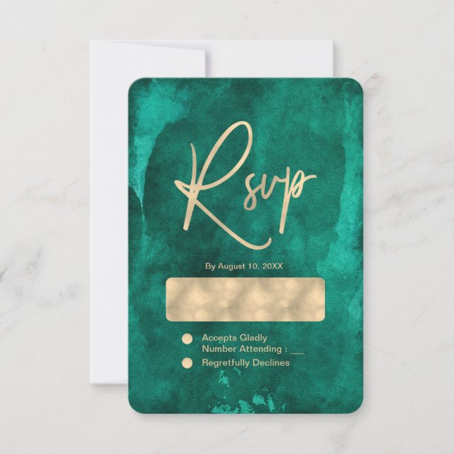 Emerald Green Watercolor & Gold Wedding RSVP (Devant)