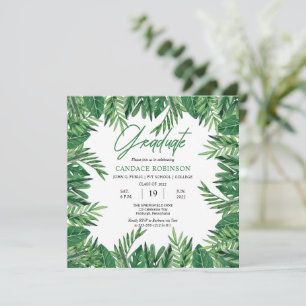 Emerald Green Watercolor Leaves Graduation Party Invitation