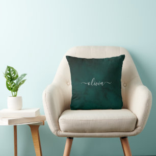 Emerald Green Watercolor Monogram Throw Pillow