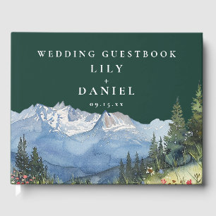 Emerald Green Watercolor Mountain Wedding Photo Guest Book