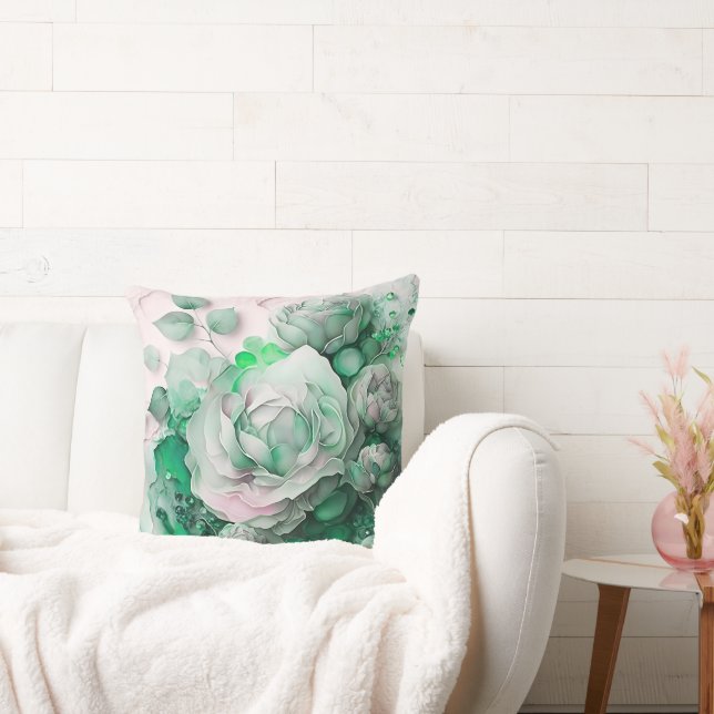 Emerald Green Watercolor Rose Enlarged Throw Pillow (Couch)