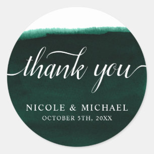 Emerald Green Watercolor Wedding Thank You Classic Round Sticker