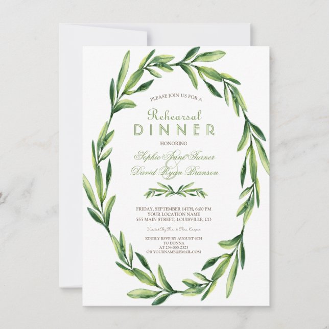 Emerald Green Watercolor Wreath Rehearsal Dinner Invitation (Front)
