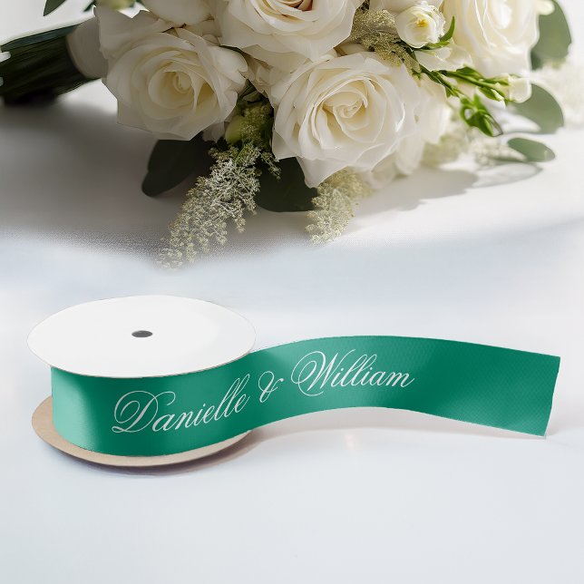 Emerald Green Wedding Elegant Script Calligraphy Satin Ribbon (Creator Uploaded)