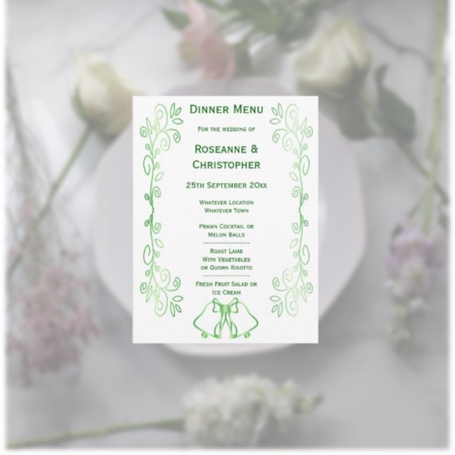 Emerald Green Wedding Menu Card Bells Scrollwork  (Emerald wedding menu bells and scrollwork design)