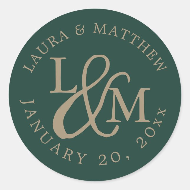 Emerald Green Wedding Monogram Classic Round Sticker (Front)
