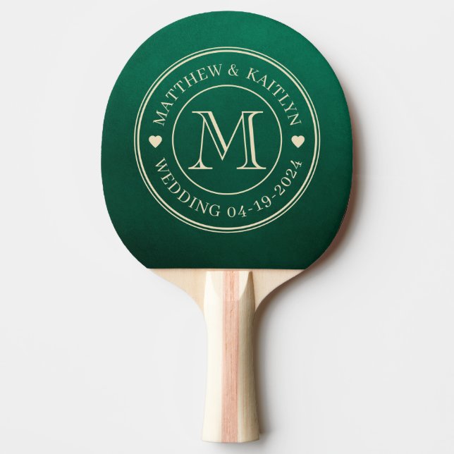Emerald Green Wedding Monogram Heart Ping Pong Paddle (Front)