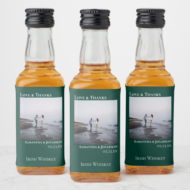 Emerald Green Wedding Photo Love & Thanks Mini Liquor Bottle Label (Bottles)