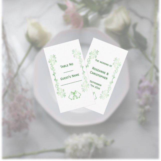 Emerald Green Wedding Place Card Bells Scrollwork (Emerald green wedding place setting card bells and scrollwork design)