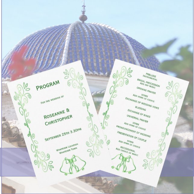 Emerald Green Wedding Programme Bells Scrollwork (Emerald green wedding church program bells and scrollwork design)