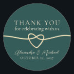 Emerald Green Wedding Thank You Classic Round Sticker<br><div class="desc">Elegant,  minimal,  modern emerald green wedding thank you sticker,  with gold rope heart and simple script.</div>