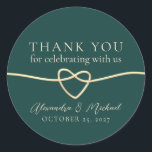 Emerald Green Wedding Thank You Classic Round Sticker<br><div class="desc">Elegant,  minimal,  modern emerald green wedding thank you sticker,  with gold rope heart and simple script.</div>