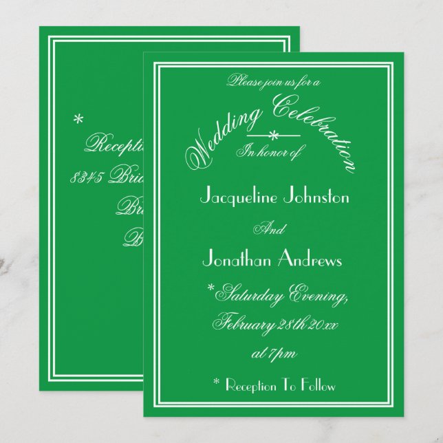 Emerald Green Wedding White Script Names & Date  Invitation (Front/Back)