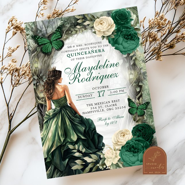 Emerald Green Whimsical Forest Quinceanera Invitation (Creator Uploaded)