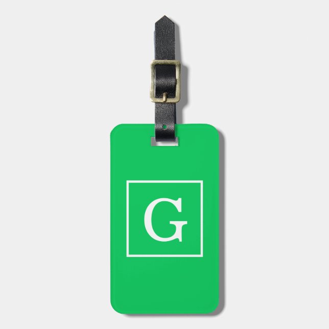 Emerald Green White Framed Initial Monogram Luggage Tag (Front Vertical)