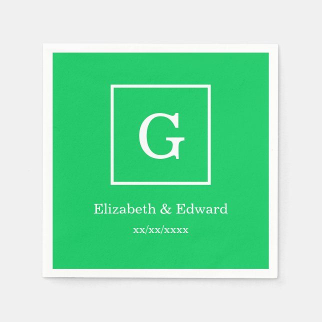 Emerald Green White Framed Initial Monogram Napkin (Front)
