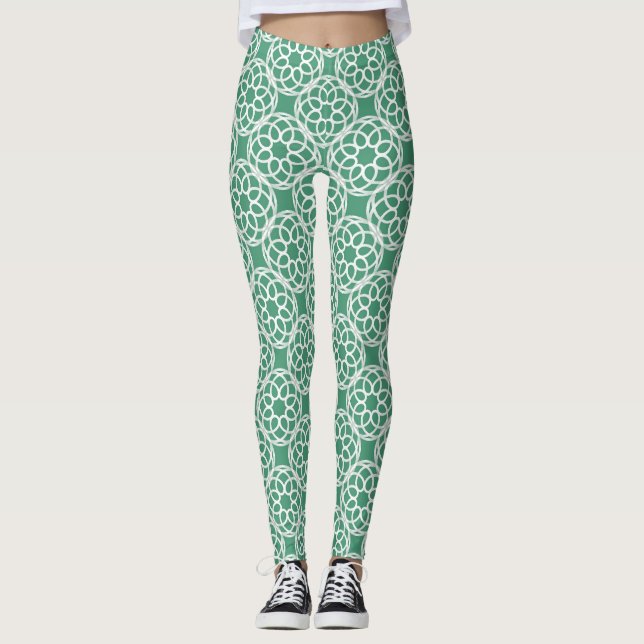 Emerald Green White Geometric Seamless Pattern Leggings (Front)